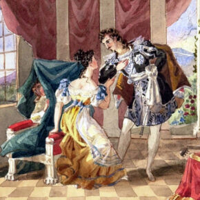 le nozze di Figaro, opera lirica di mozart. L'immagine ritrae il Conte che parla con Susanna, mentre Cherubino ascolta nascosto