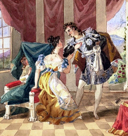 le nozze di Figaro, opera lirica di mozart. 
L'immagine ritrae il Conte che parla con Susanna, mentre Cherubino ascolta nascosto